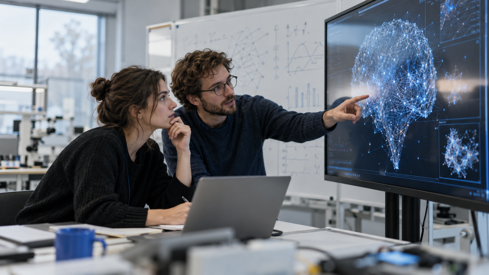 Two researchers look at a large screen showing abstract model visualisations in a university lab.