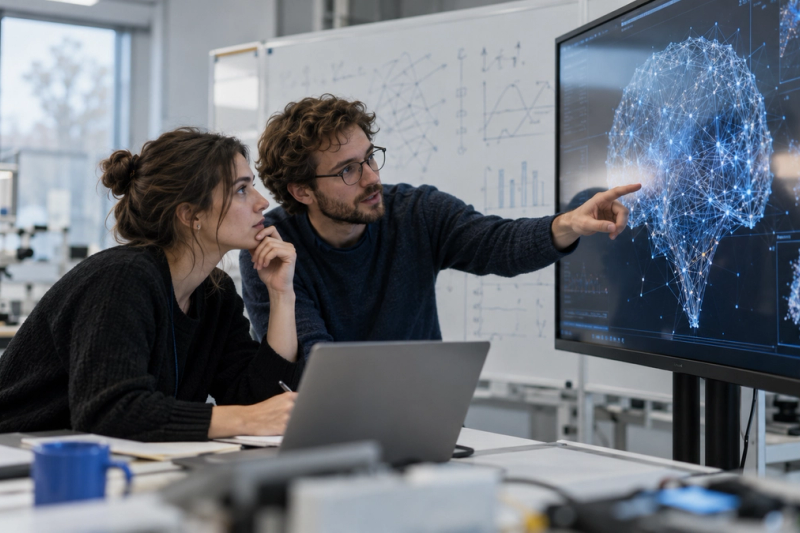 Two researchers look at a large screen showing abstract model visualisations in a university lab.