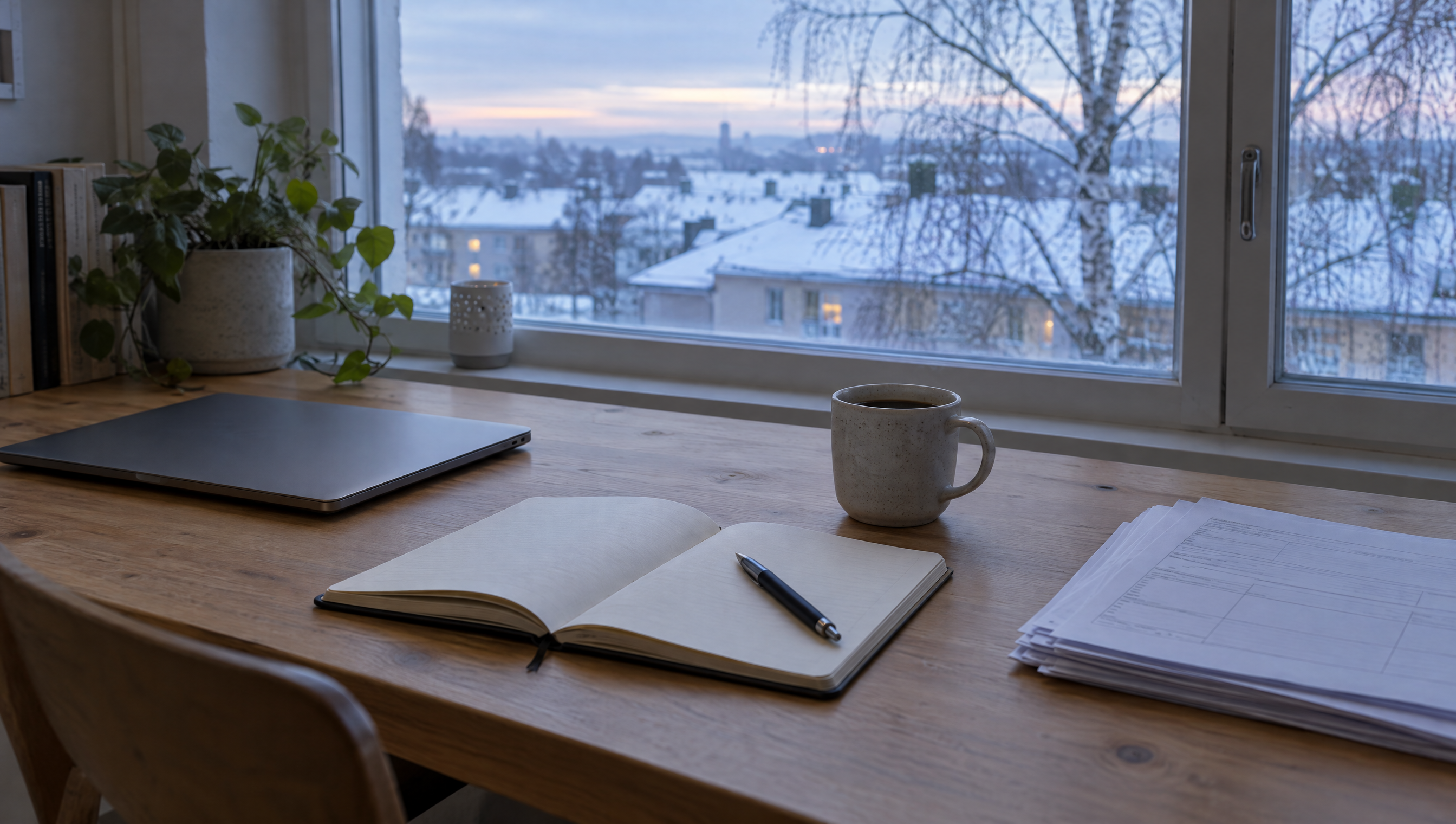 A wooden desk by a window with an open blank notebook and pen, a closed laptop, a mug of coffee and a stack of printed forms, with snow-covered rooftops and a birch tree outside at dawn.