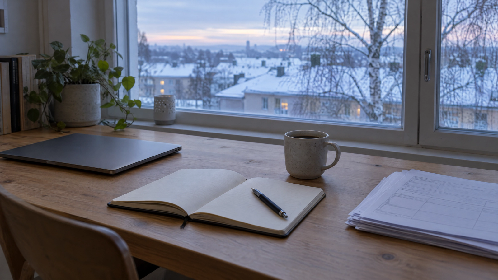 A wooden desk by a window with an open blank notebook and pen, a closed laptop, a mug of coffee and a stack of printed forms, with snow-covered rooftops and a birch tree outside at dawn.