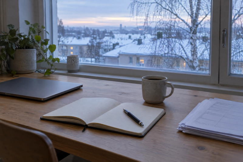 A wooden desk by a window with an open blank notebook and pen, a closed laptop, a mug of coffee and a stack of printed forms, with snow-covered rooftops and a birch tree outside at dawn.