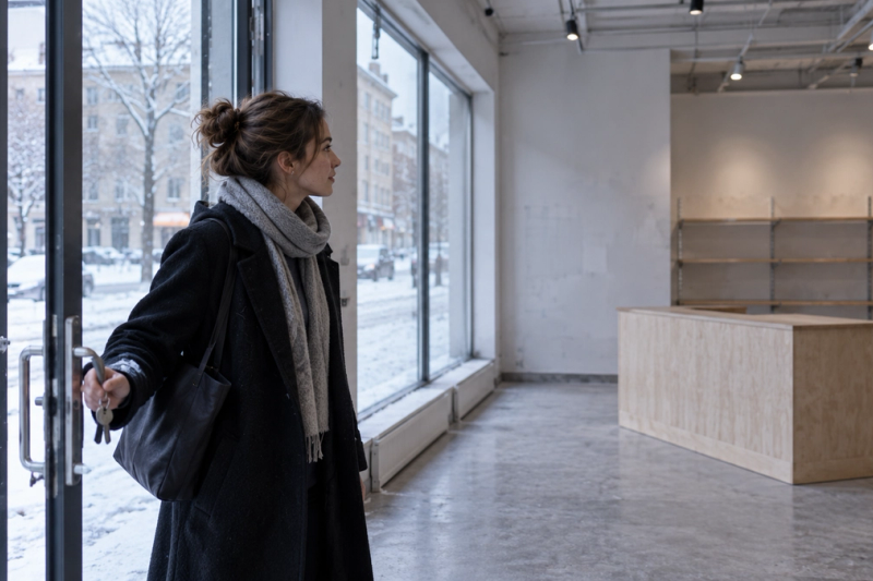 A young woman in a winter coat stands in the doorway of an empty small shop unit on a snowy street, holding a set of keys and looking inside.