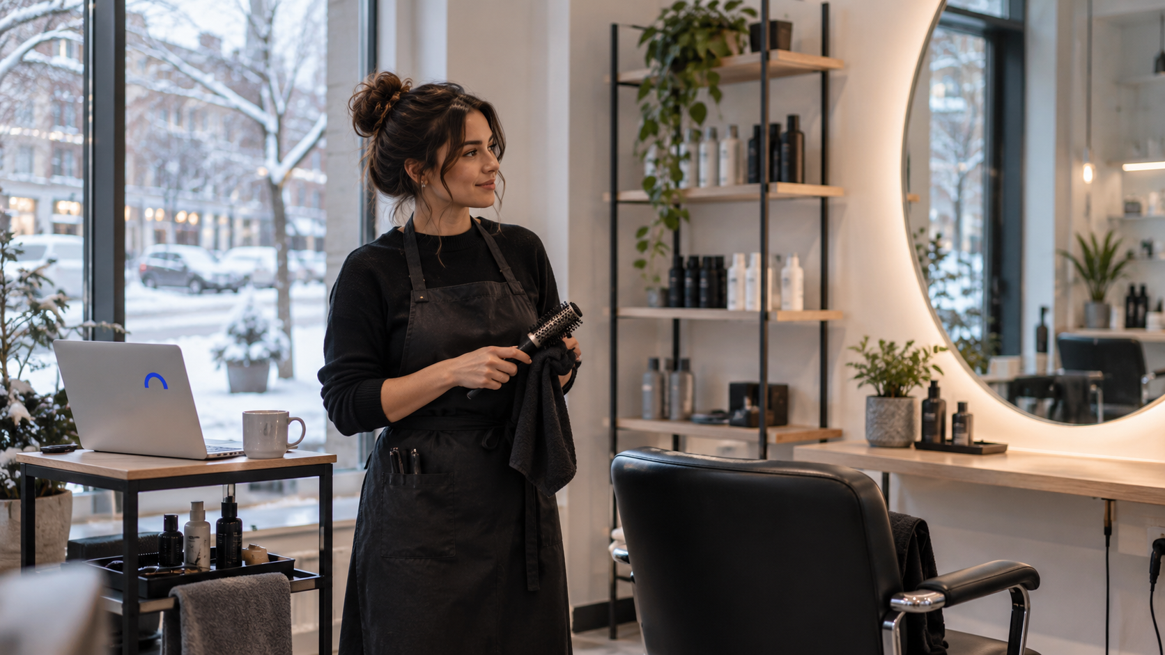 A hairdresser stands in her small, newly set-up salon on a winter morning, with one styling chair, a mirror and an open laptop on a side table.
