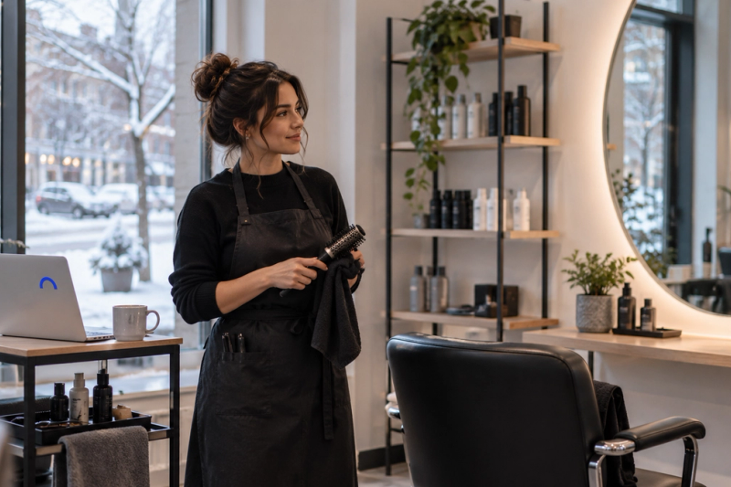 A hairdresser stands in her small, newly set-up salon on a winter morning, with one styling chair, a mirror and an open laptop on a side table.