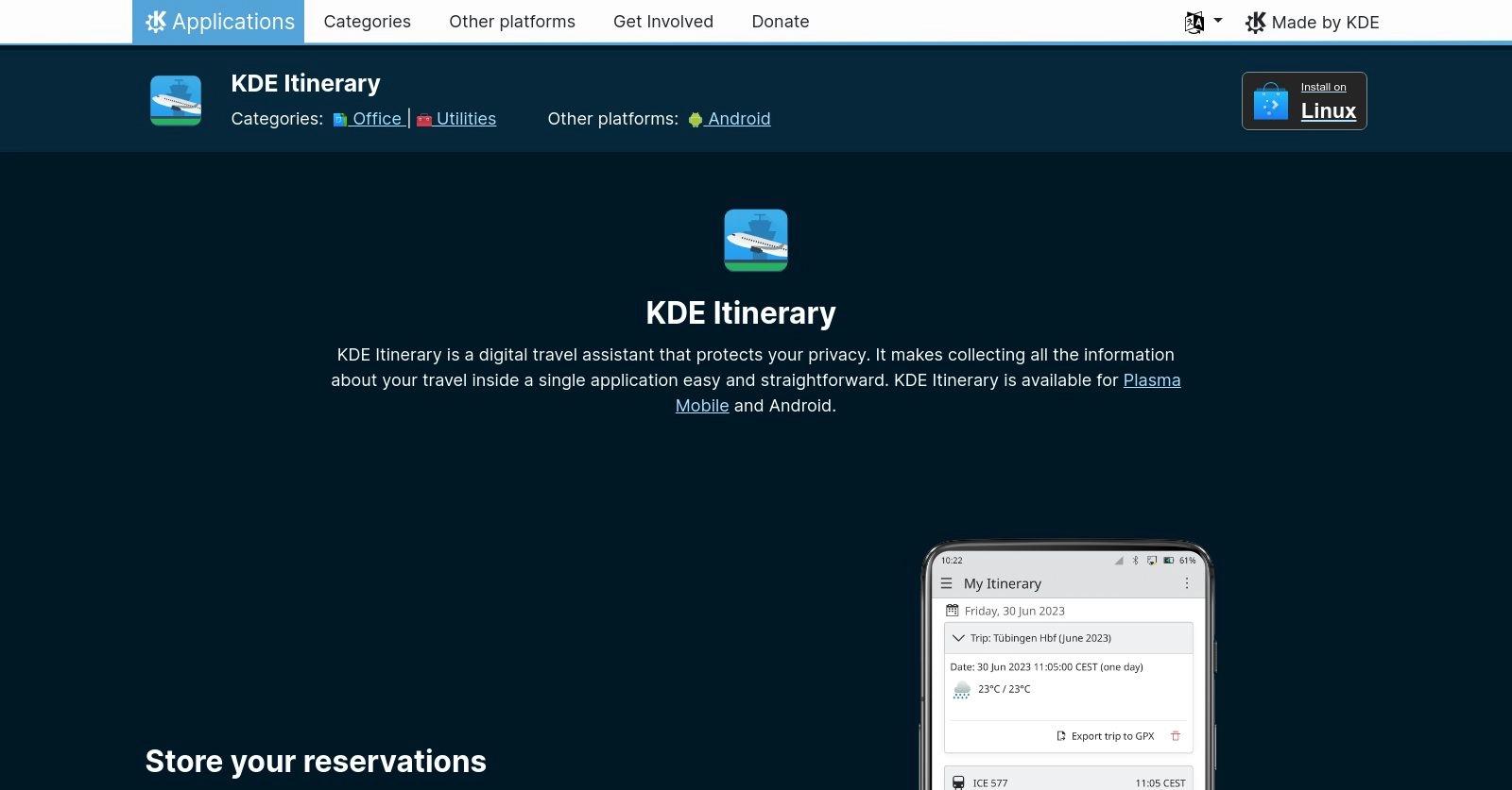 KDE Itinerary website homepage