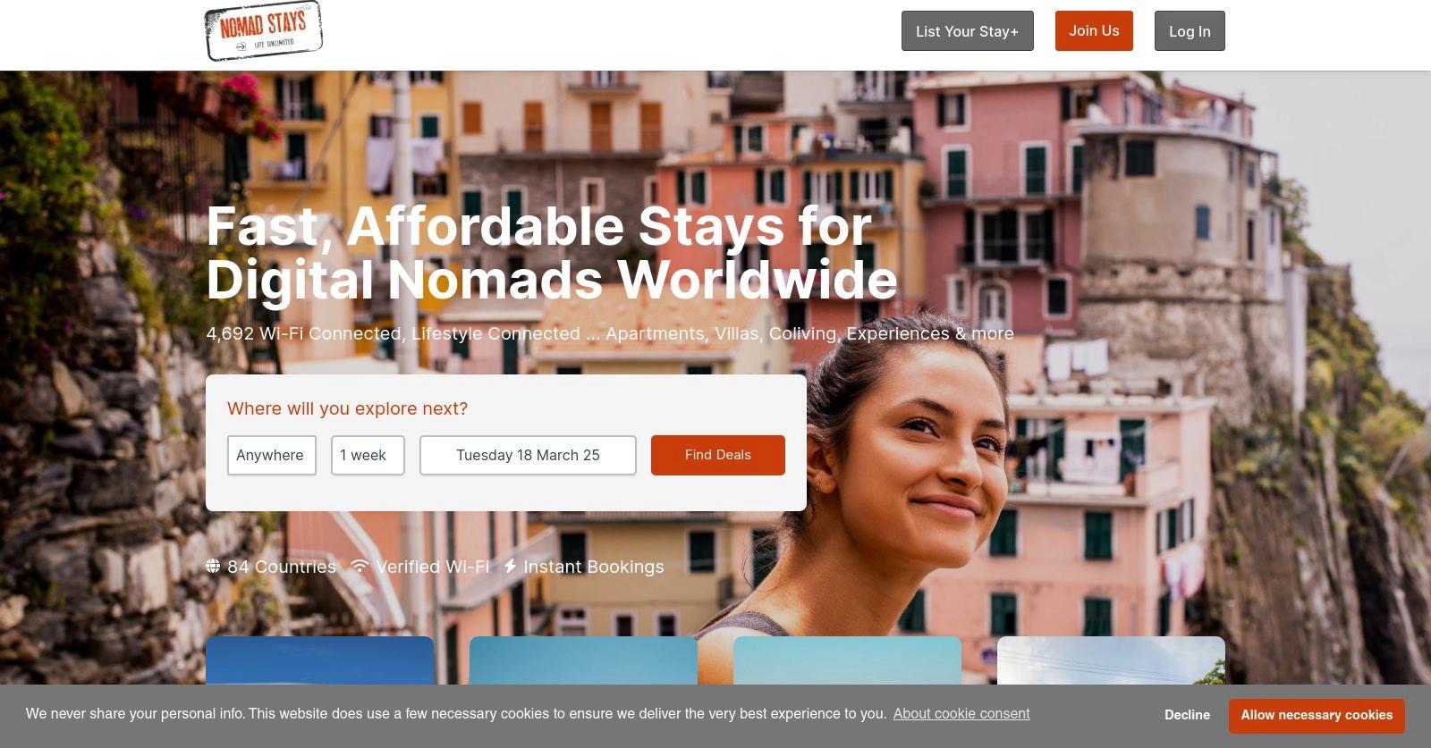 Nomad Stays website homepage