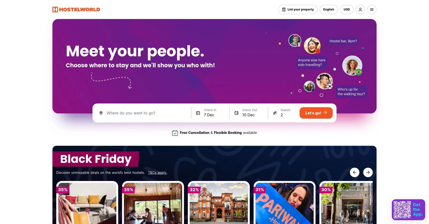 Hostelworld website homepage