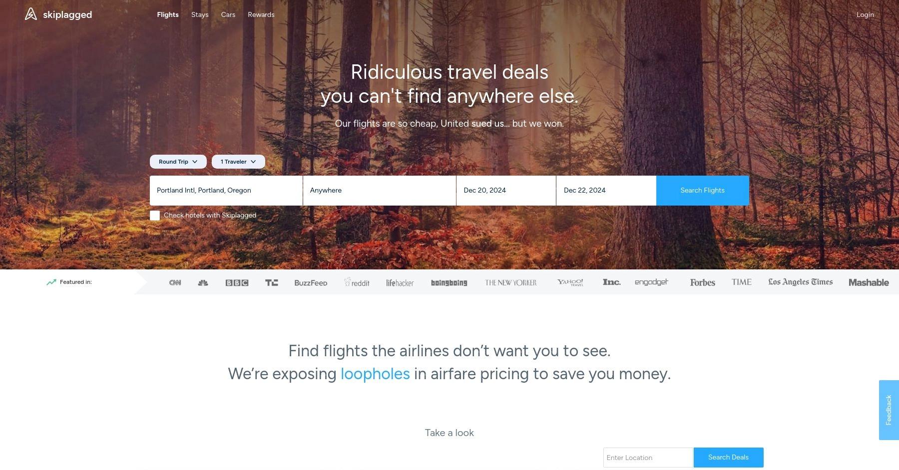 Skiplagged website homepage