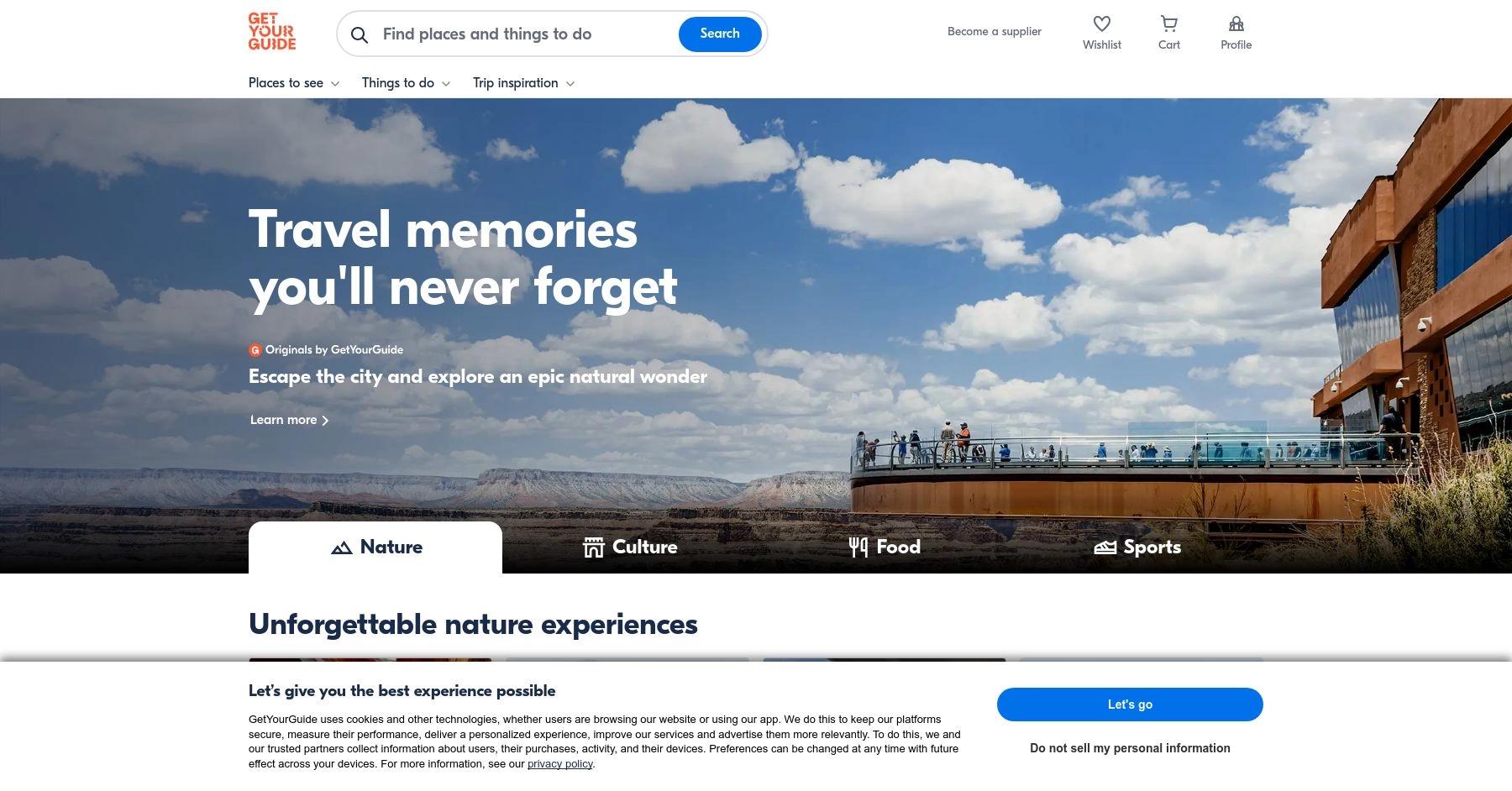 GetYourGuide website homepage