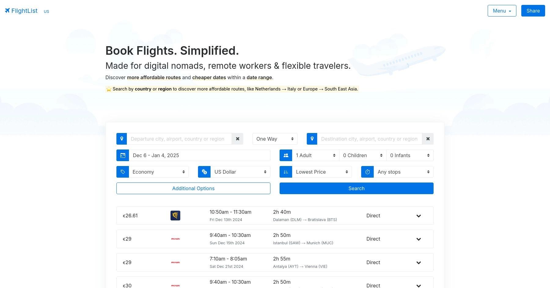 FlightList website homepage
