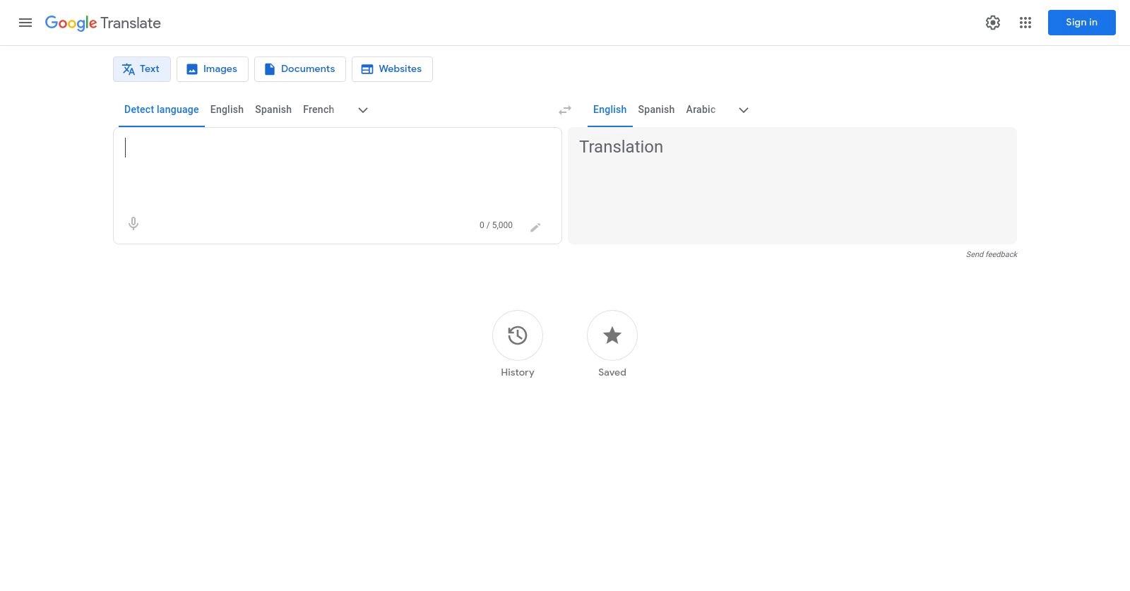 Google Translate website homepage