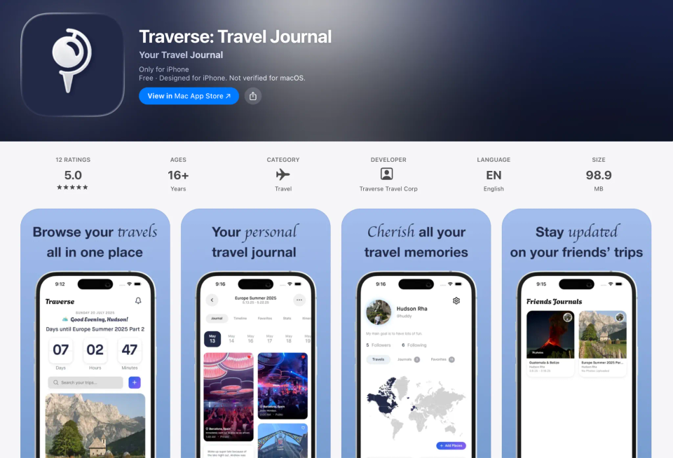 Pricing options for Traverse travel app features