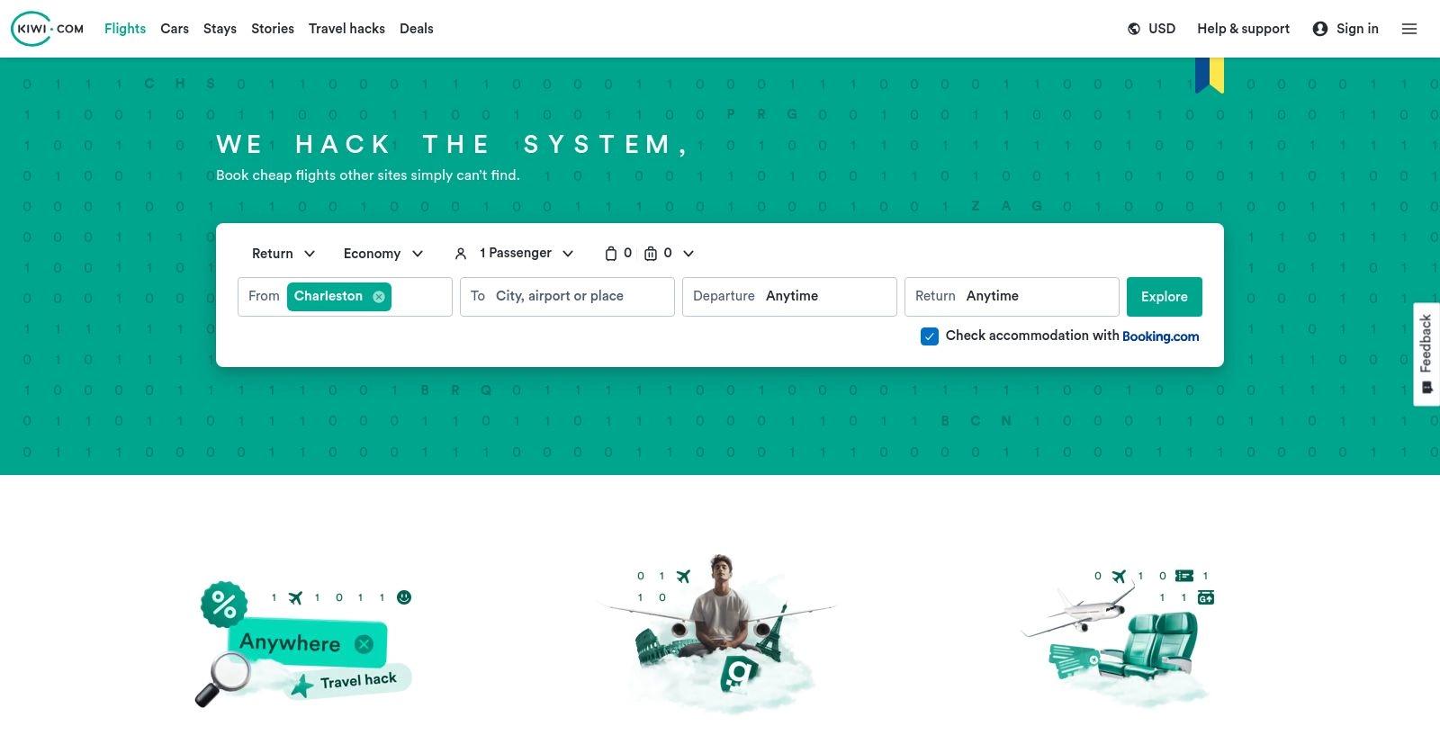 Kiwi.com website homepage
