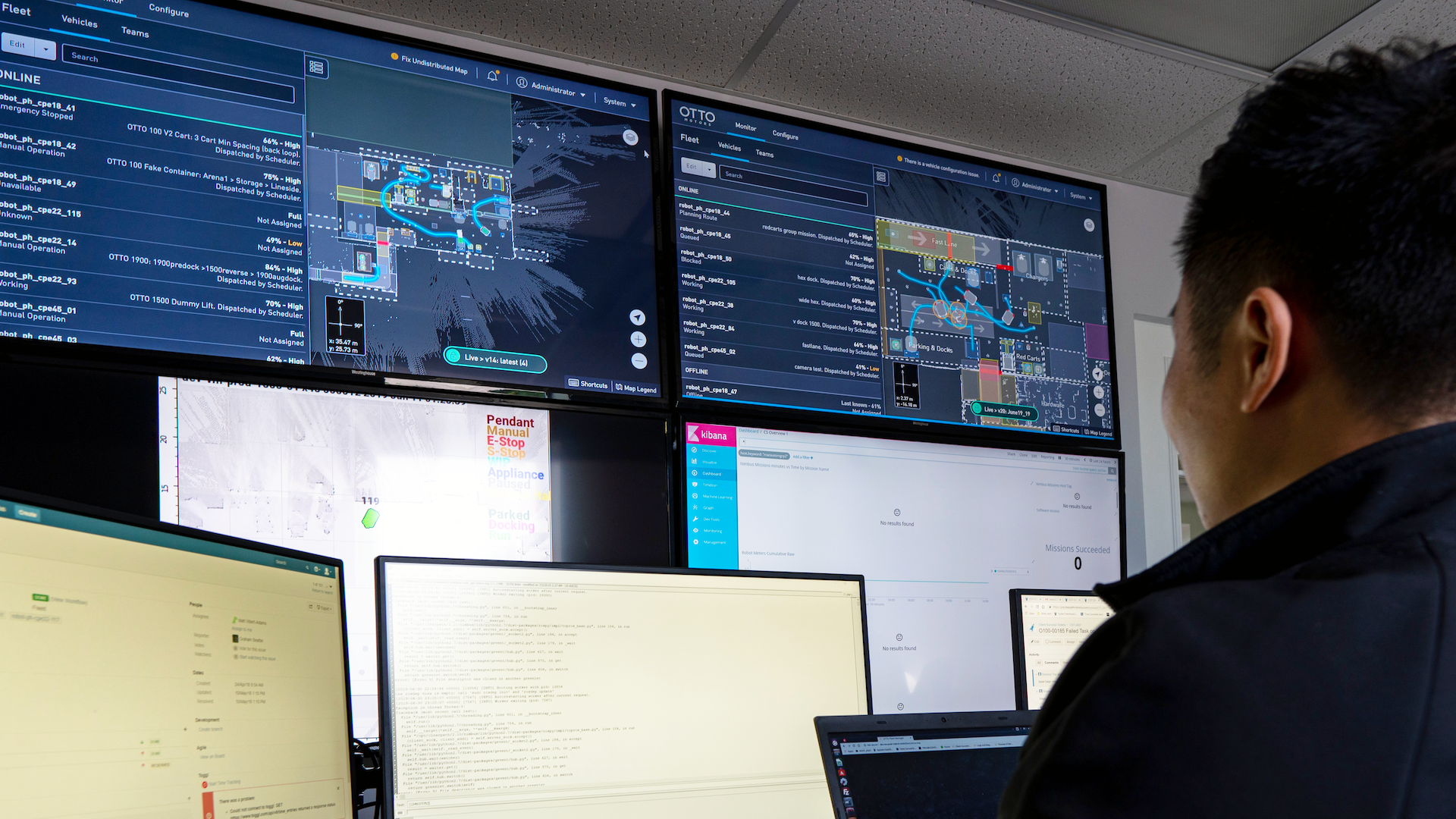 OTTO services team member with many screens helping customers solve challenges