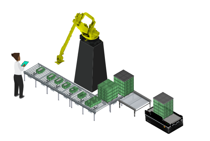 Graphic showing an example of an autonomous mobile robot workflow, where a robot picks up from a roboti