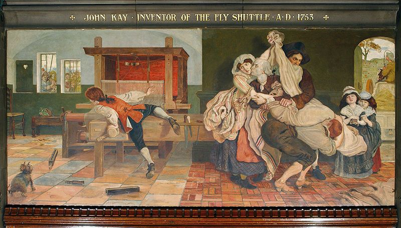 John Kay, Inventor of the Fly-Shuttle, A.D. 1753, by Ford Madox Brown. His painting depicts the inventor John Kay escaping a mob that was angry about his labor-saving mechanical loom which was a key contributor in the Industrial Revolution.