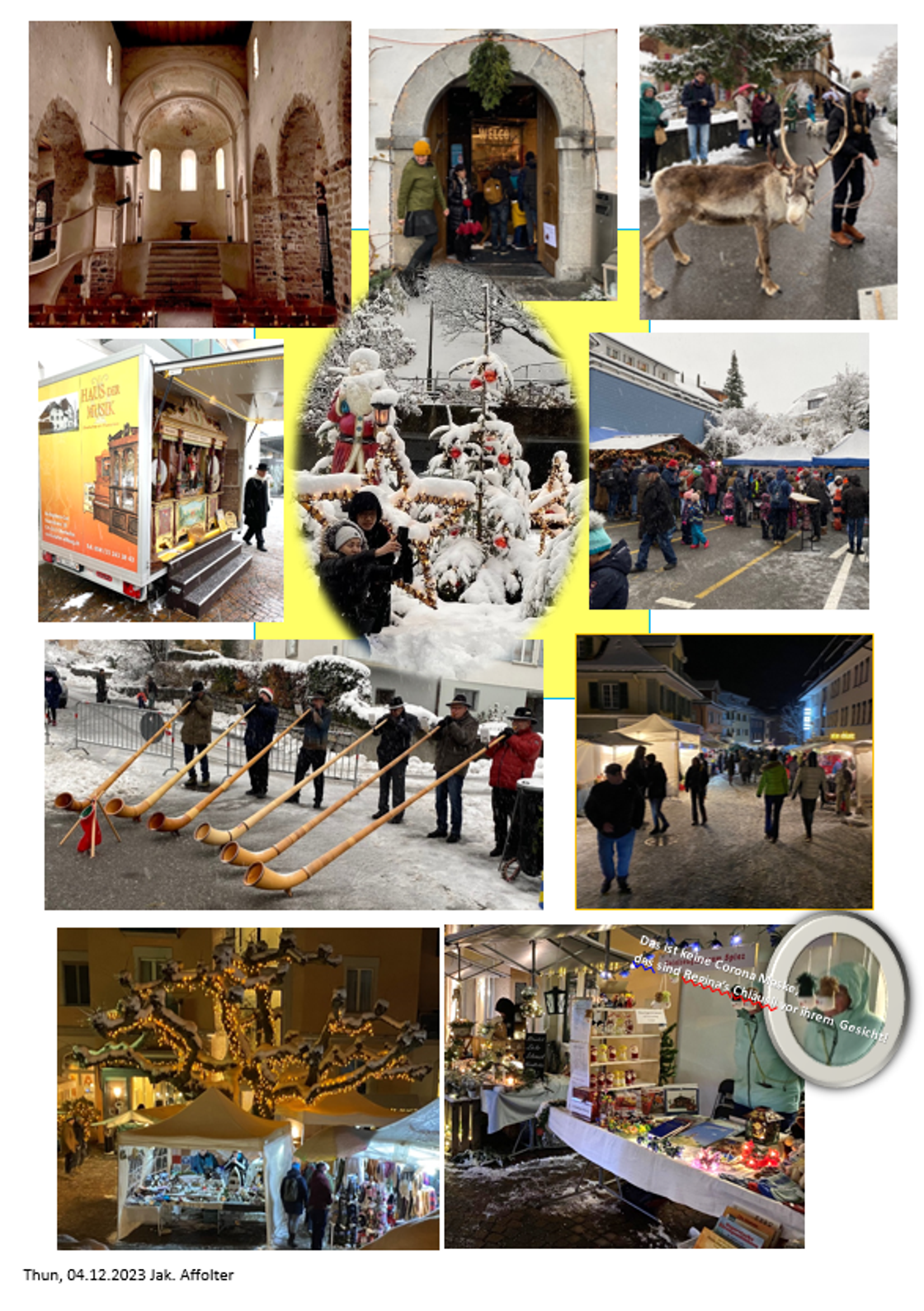Bildcollage vom Chlousemärit 2023 mit Aufnahmen vom Dorf und vom Stand