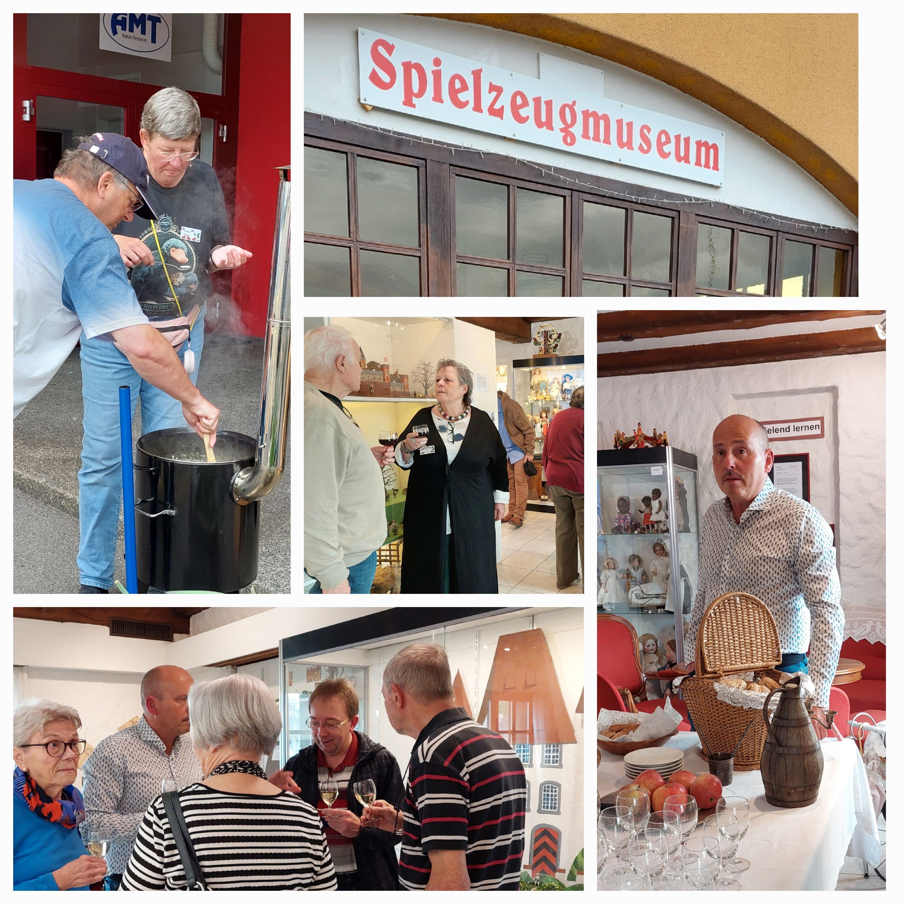 Bildcollage von der Vernissage: Gäste im Museum, der Schriftzug Spielzeugmuseum über dem Eingang und ein Apéro-Tisch