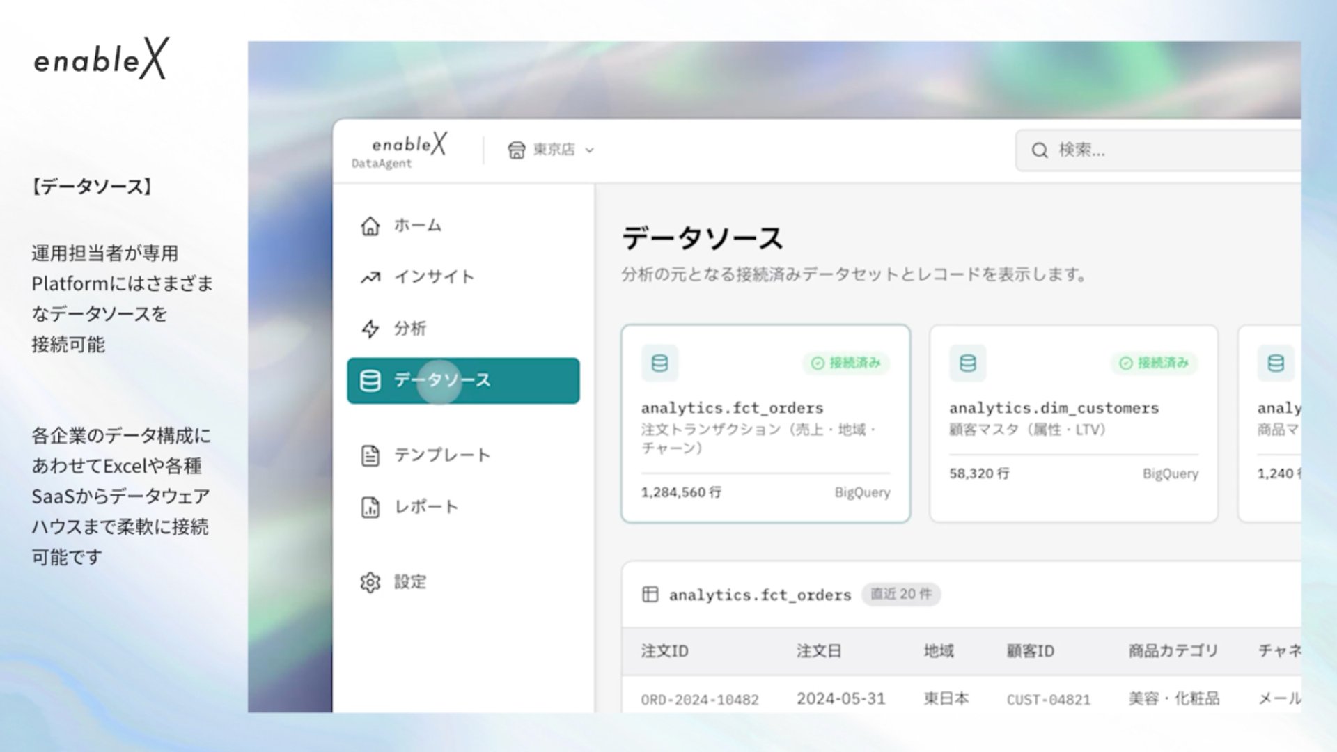 データソース画面。analytics.fct_orders / analytics.dim_customersなどの接続済みデータセットが一覧表示されている