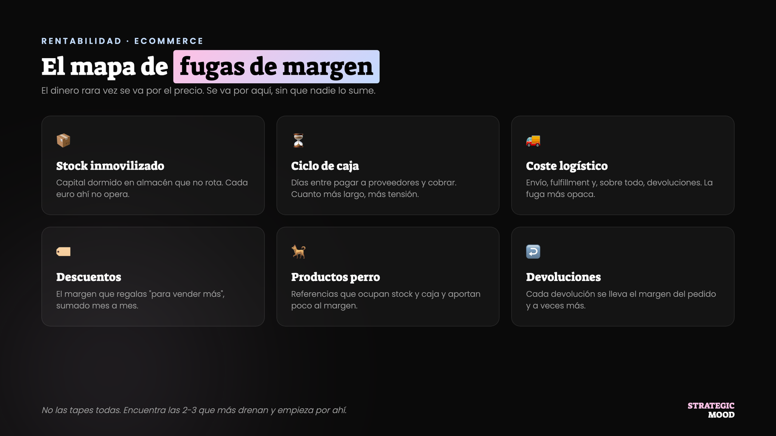 Mapa de fugas de margen de un ecommerce: stock, caja, logística, descuentos, productos perro y devoluciones