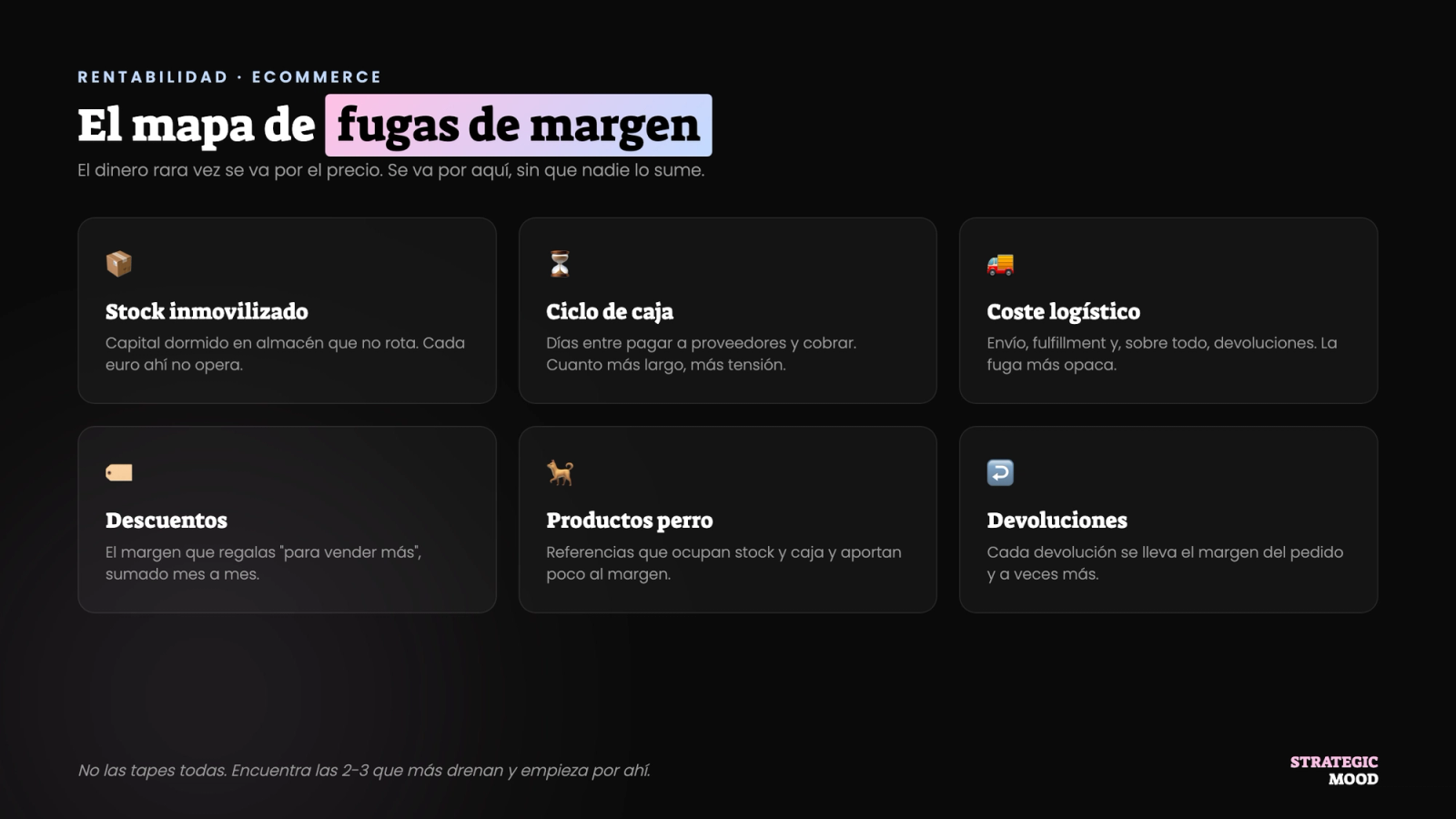 Mapa de fugas de margen de un ecommerce: stock, caja, logística, descuentos, productos perro y devoluciones