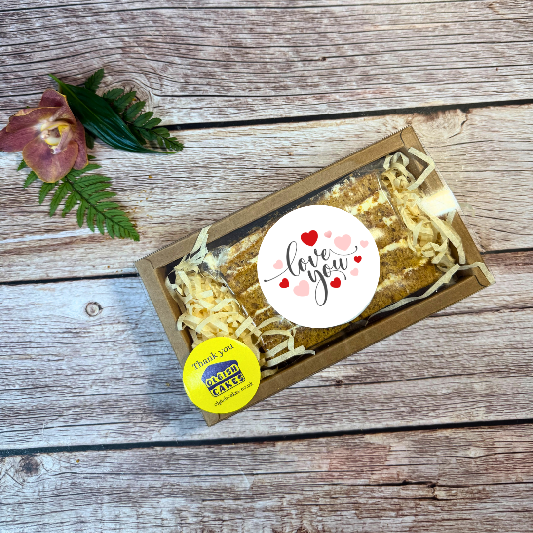 Valentine’s Day honey cake slice by post with Love You sign in gift box