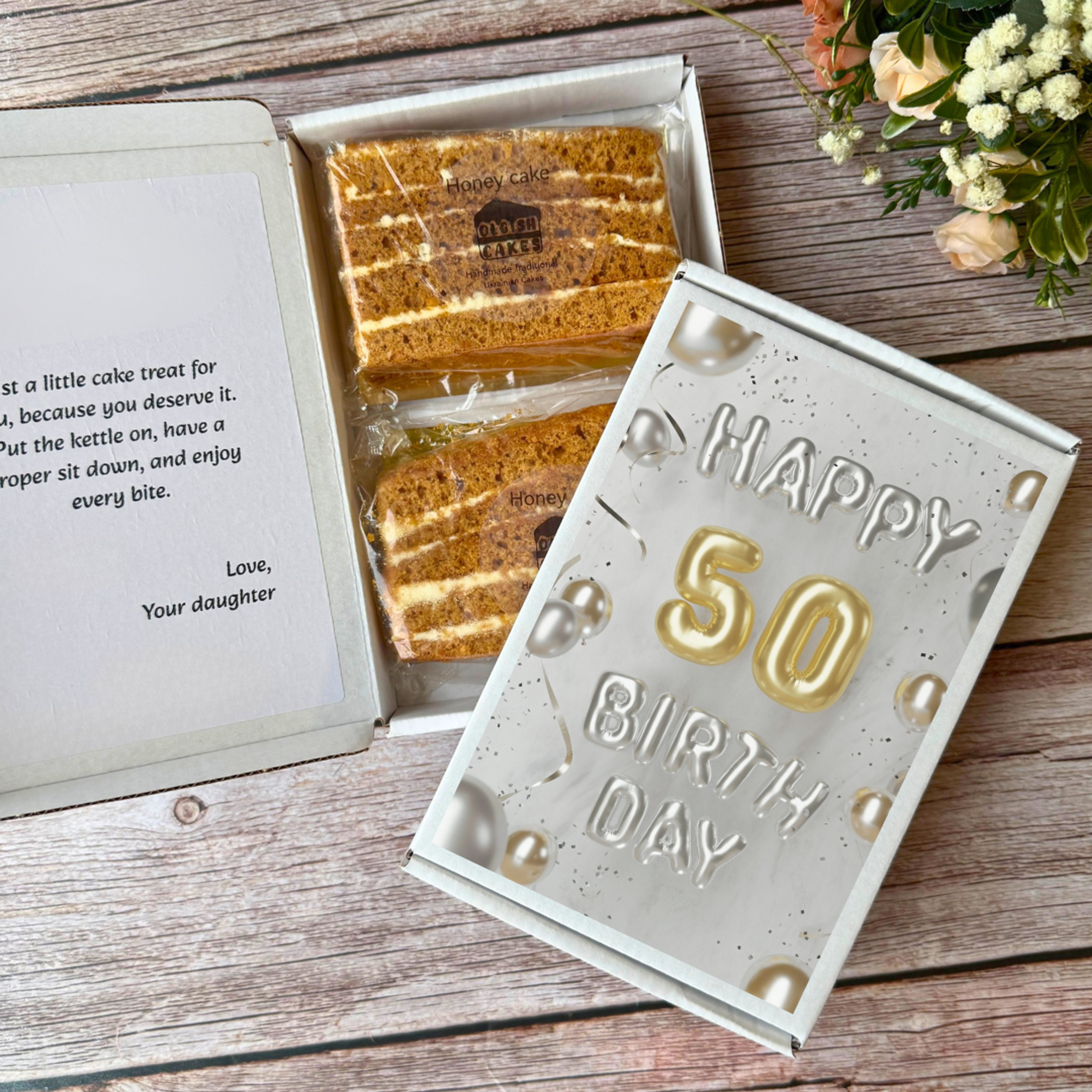 happy 50th birthday cake card with honey cake