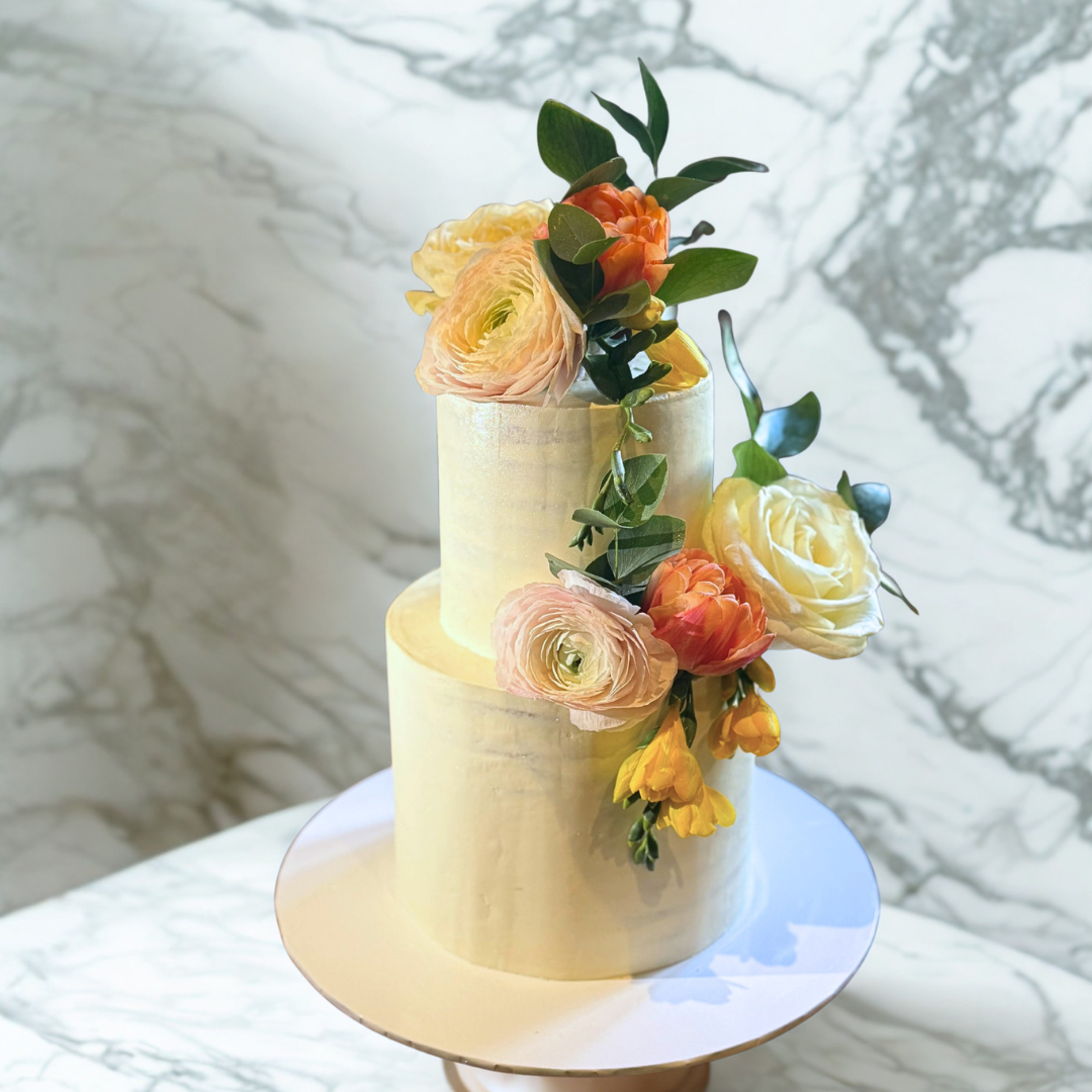 two-tiers Semi-naked wedding cake with flowers