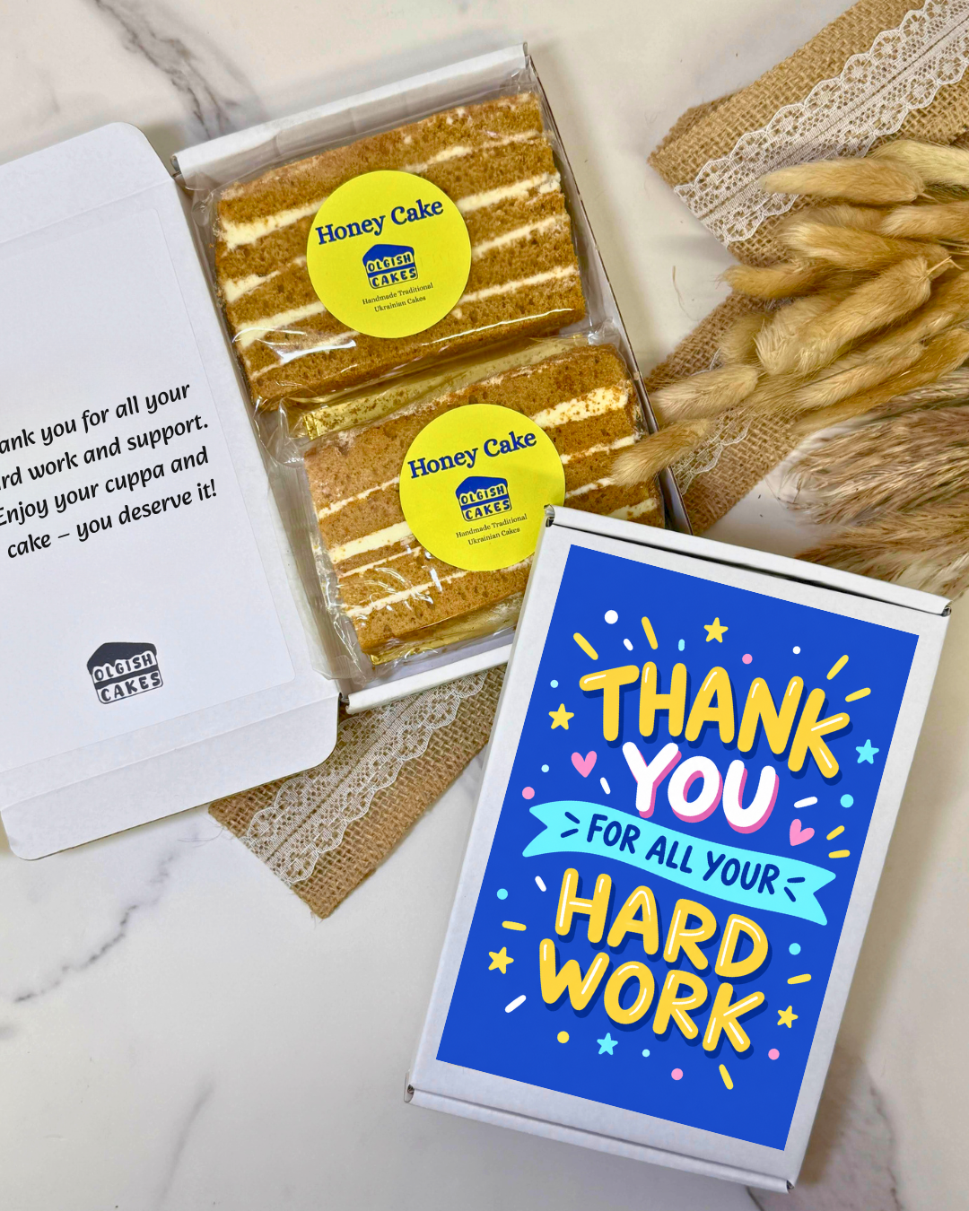Employee Appreciation Gift with two Ukrainian Honey Cake slices and personalised gift note