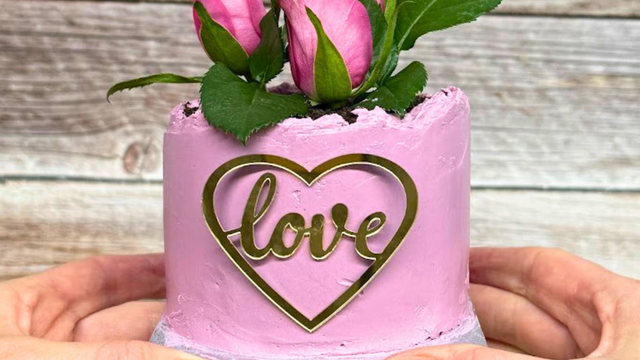 Valentine's Day cake with flower pot design and floral decoration
