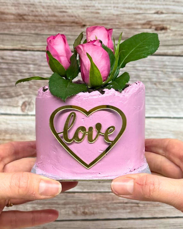 Valentine’s Day flower pot cake in pink buttercream with real rose buds, chocolate crumb soil and gold “love” heart topper on wood boards.