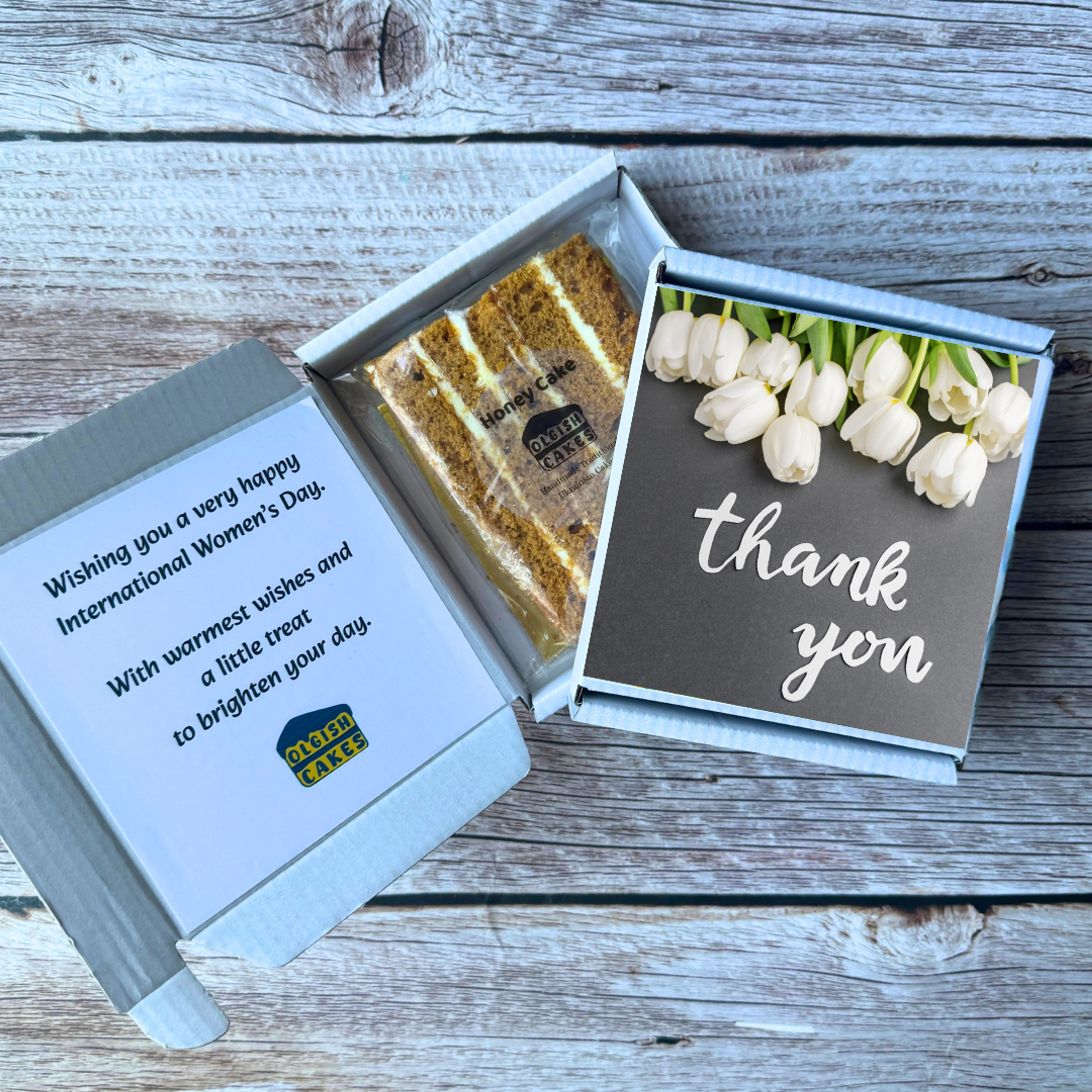 client appreciation gift box with Honey Cake slice and "thank you"