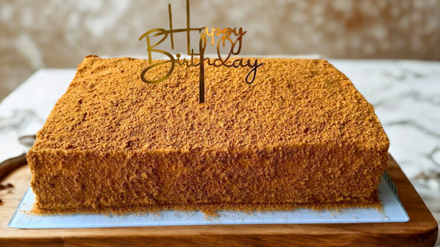 Medovik honey cake boxed for careful storage after collection