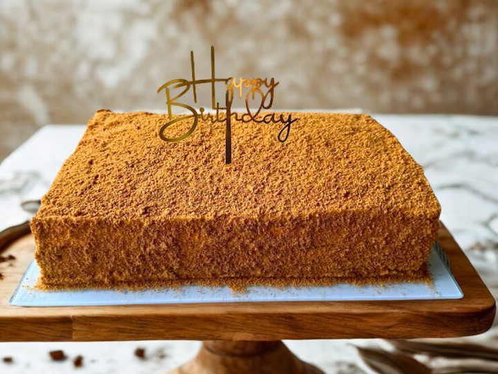 Close crop of layered Medovik honey cake for the blog archive