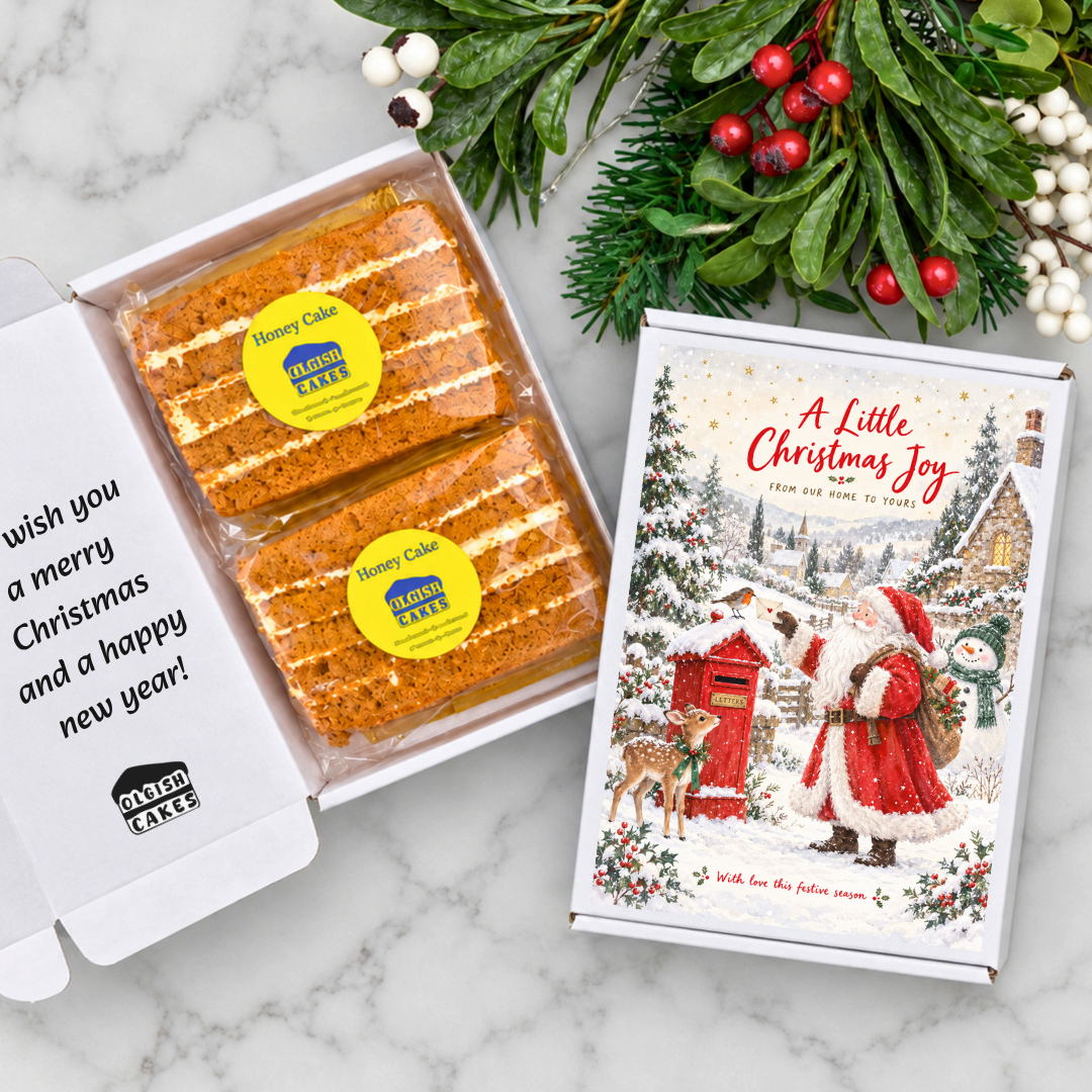 Christmas food hamper cake card from Olgish Cakes with handmade honey cake slices