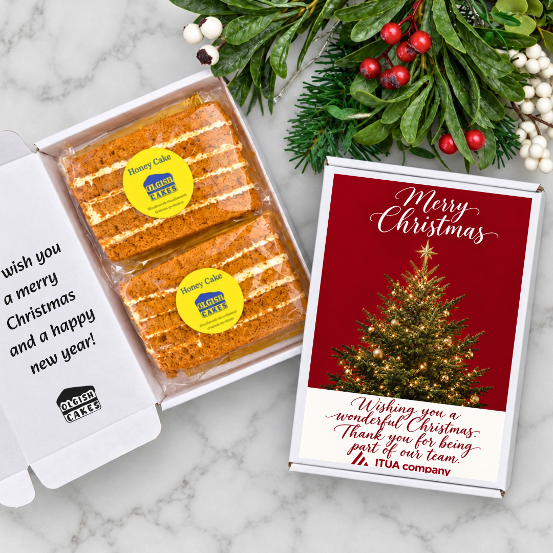Corporate Christmas cake card featuring a festive tree and personalised business message.