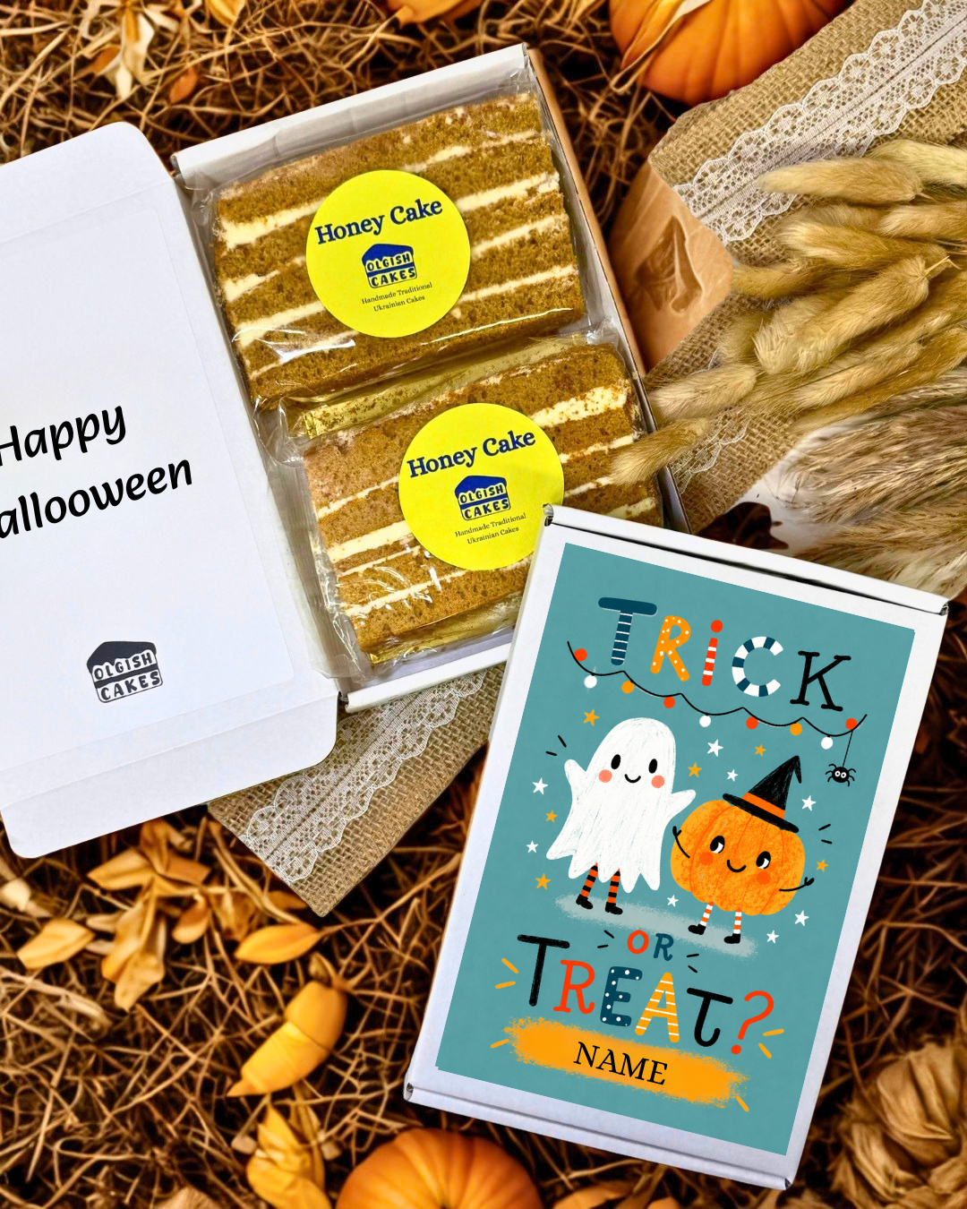 Personalised Halloween gift with handmade Honey Cake and free UK delivery