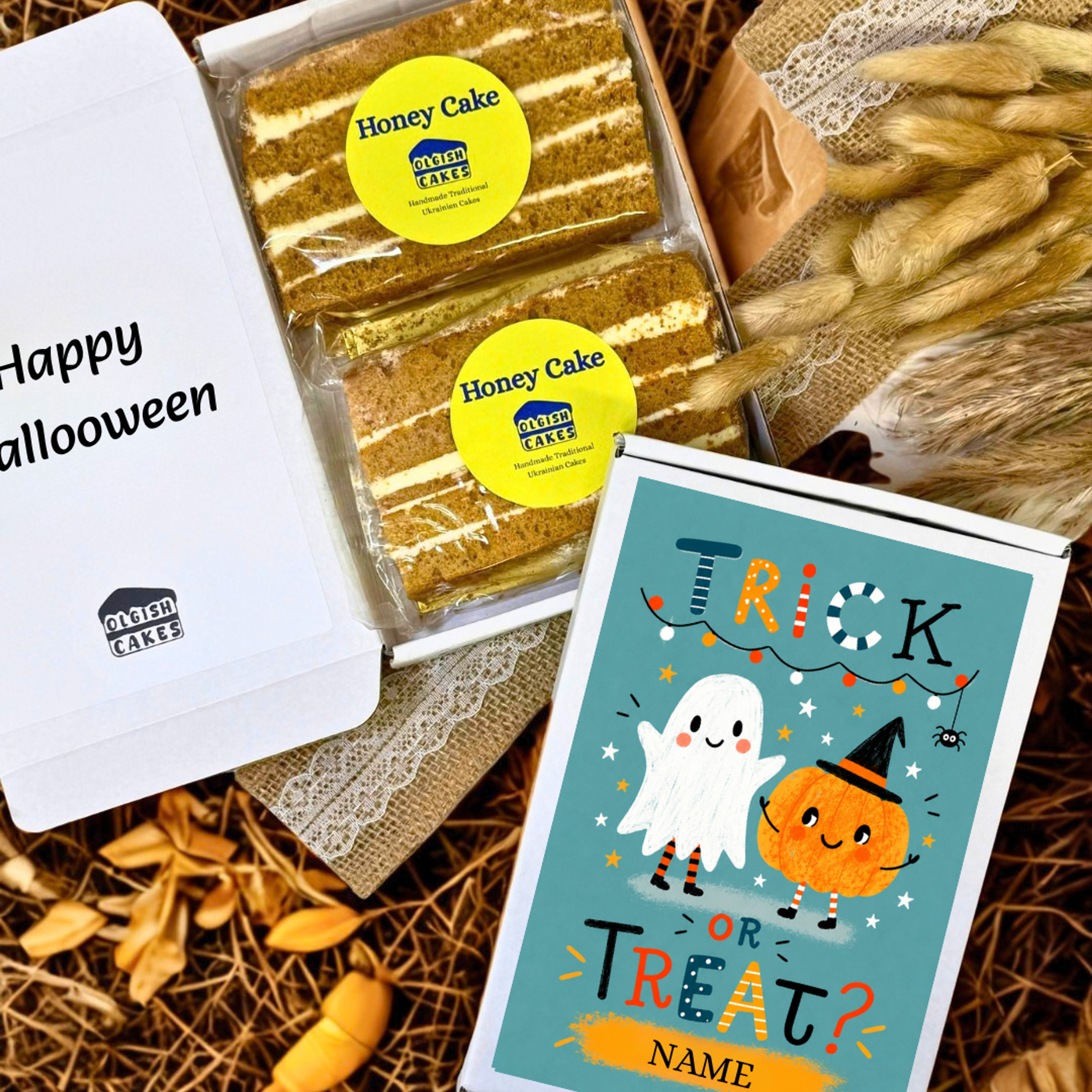 Personalised Halloween gift with handmade Honey Cake and free UK delivery