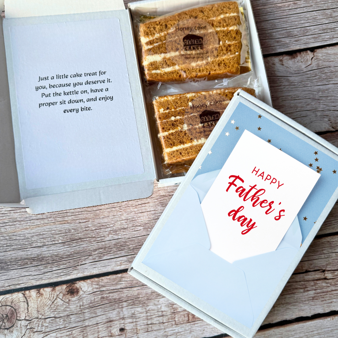 Father’s Day gift by post with honey cake slices, greeting card, and gift box from Olgish Cakes.