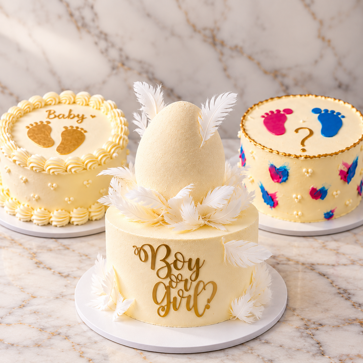 An elegant, cream-colored baby shower cake featuring a soft velvet texture and delicate white edible feathers. A large matching egg ornament sits on top, surrounded by feathers to symbolize a nest. A shimmering gold "Boy or Girl?" topper is displayed on the front, set against a rustic wooden background.
