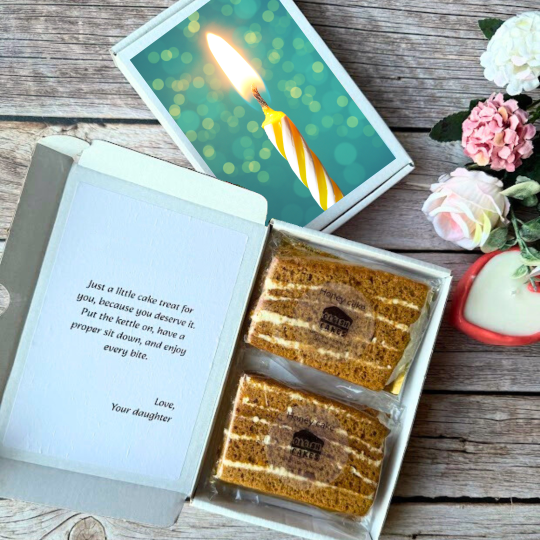 Close crop of a cake card style gift with honey cake slices