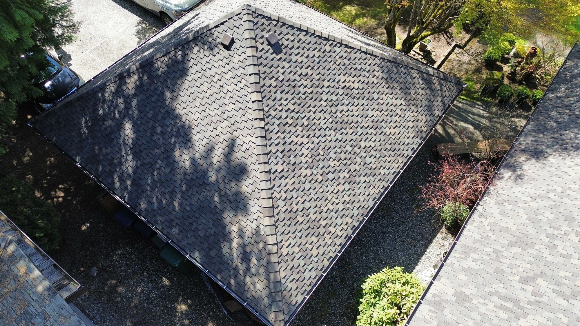 Drone view of the finished Presidential Shake Autumn Blend roof, Mill Creek, WA, by Amor Roofing