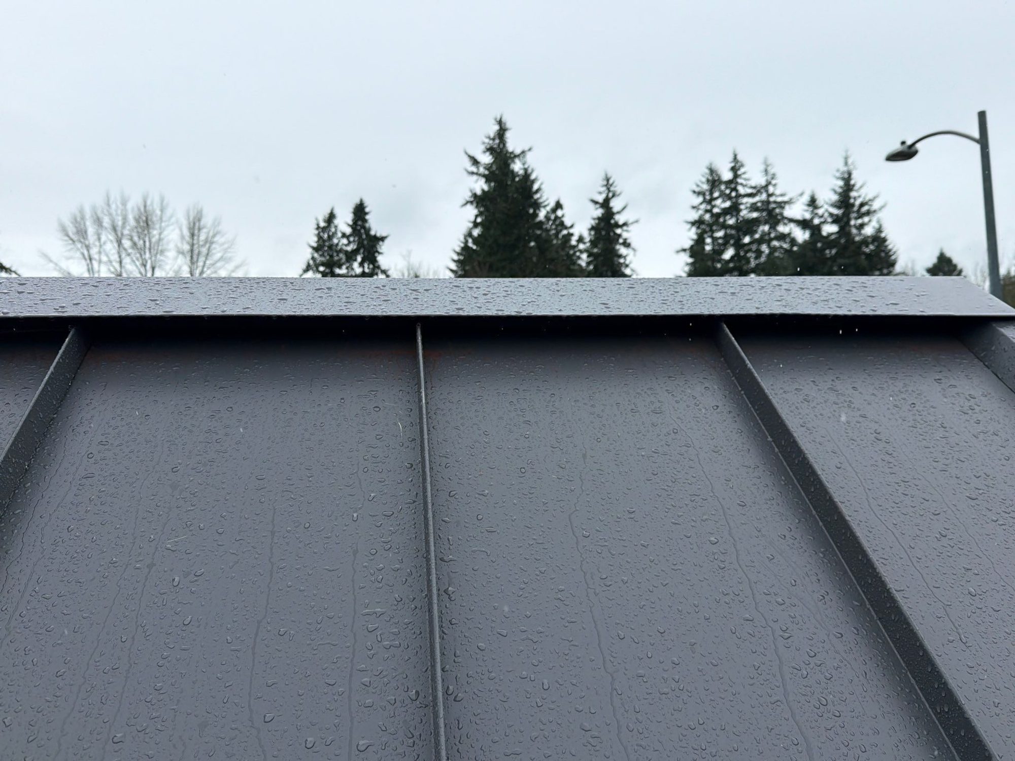 Close-up of Cascade Gray standing seam metal roof finish in Woodinville, WA