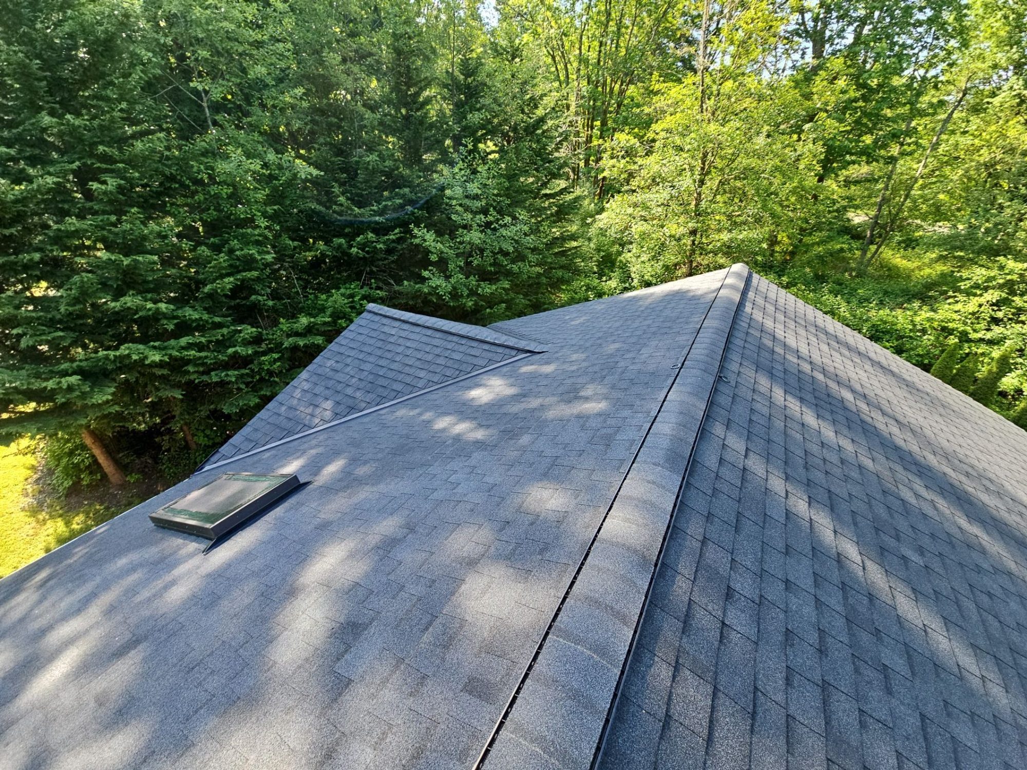 Hip of the finished Antique Black asphalt shingle roof with skylight and the forest beyond, Tulalip Bay, WA