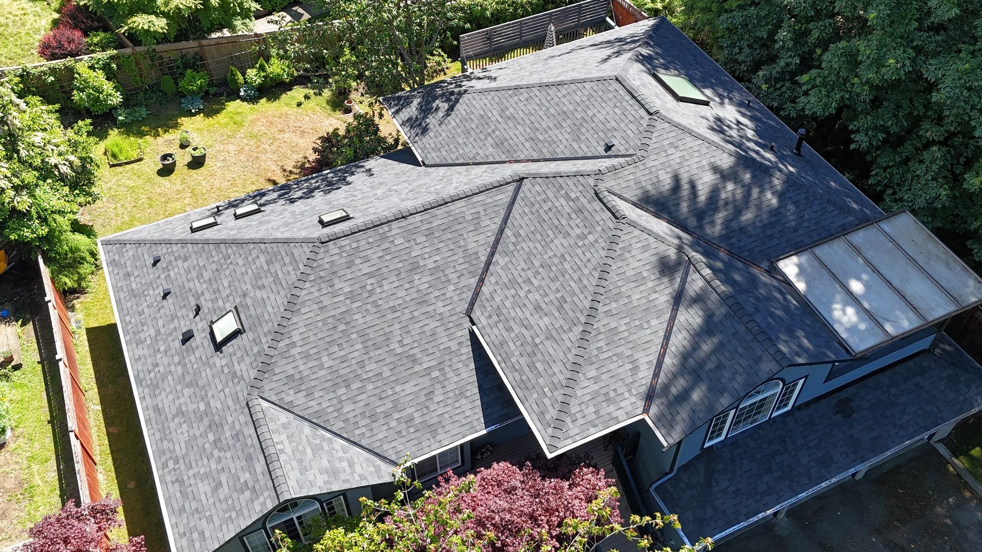 Drone view of the finished Edmonds roof from the opposite side