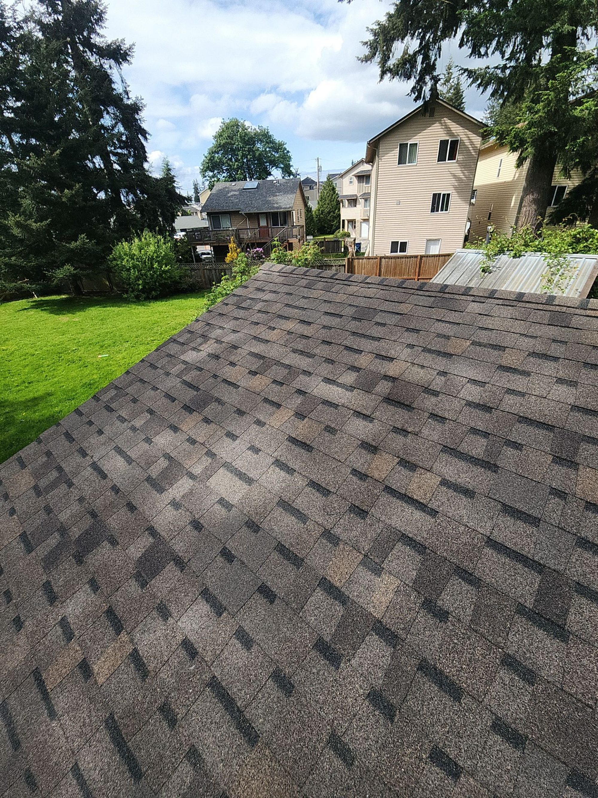 Amor Roofing Oakwood asphalt roof in Lynnwood, shingle field skyline