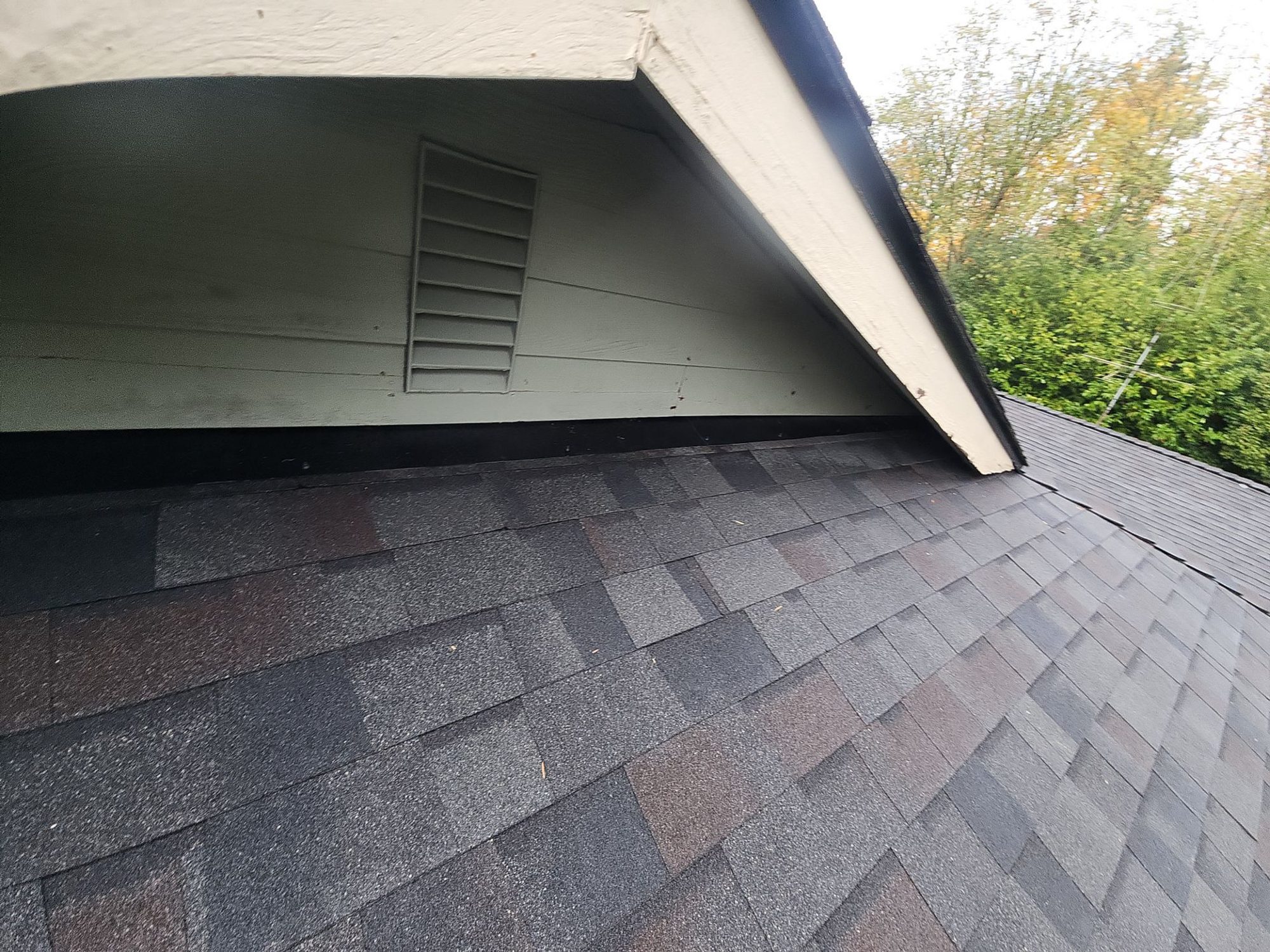 Soffit vent and roof edge detail on the completed Black Oak roof, Snohomish