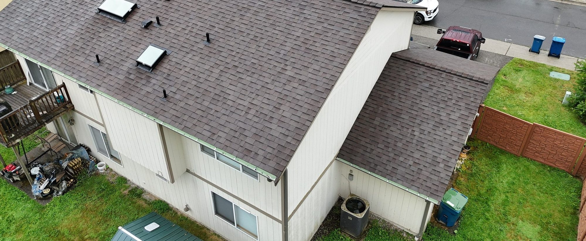 Drone view of the finished Malarkey Vista Heather asphalt shingle roof, Snohomish, WA, by Amor Roofing