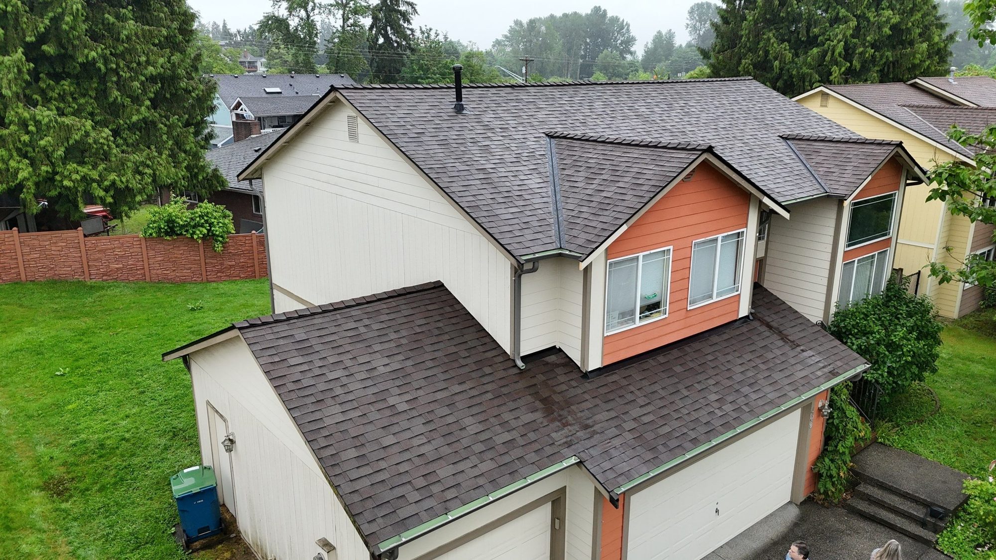 Drone view of the finished Malarkey Vista Heather asphalt shingle roof, Snohomish, WA, by Amor Roofing