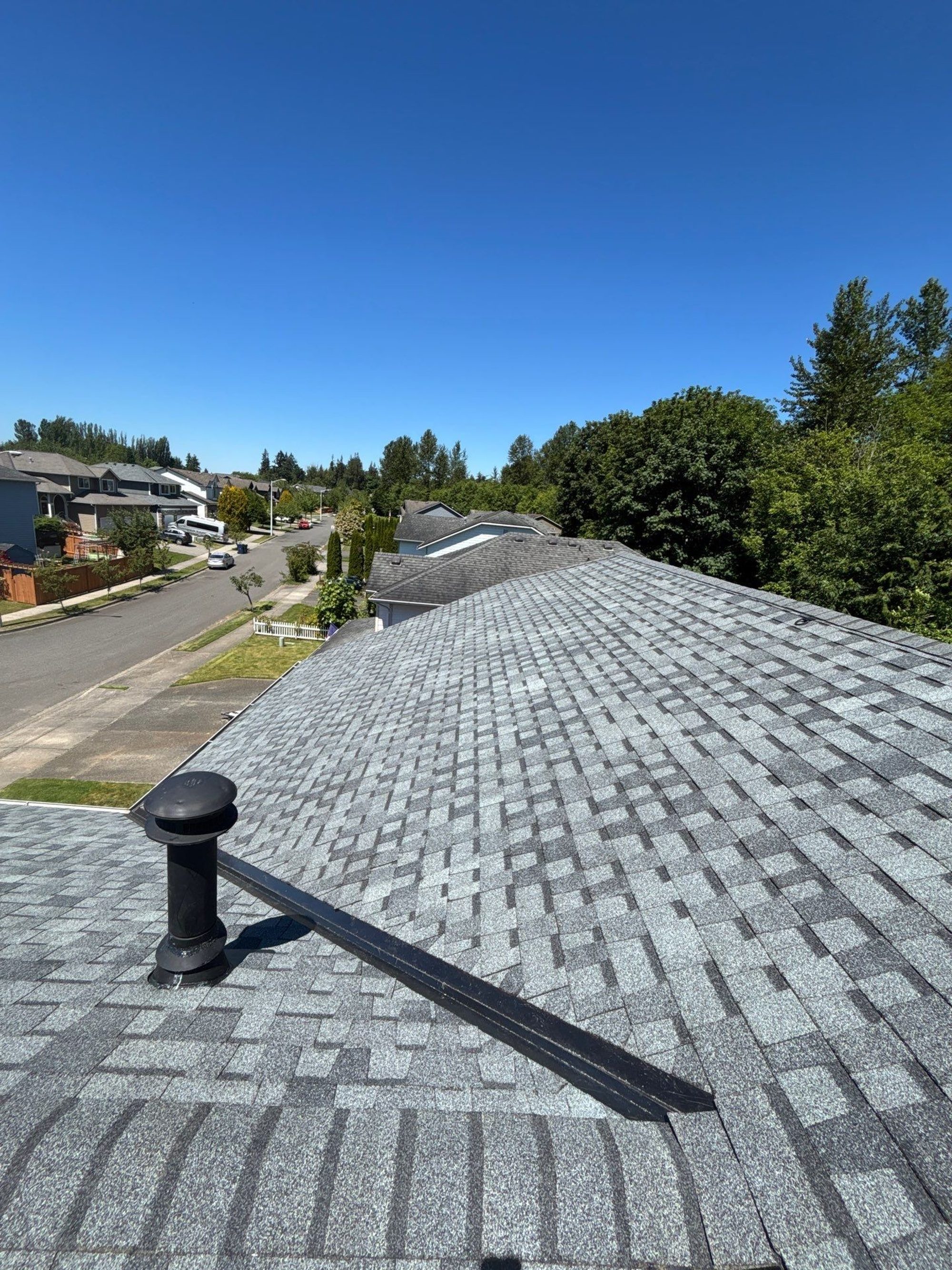 Ridge of the Pabco Premier Pewter Gray asphalt shingle roof with a box vent, looking over the neighborhood, Marysville, WA